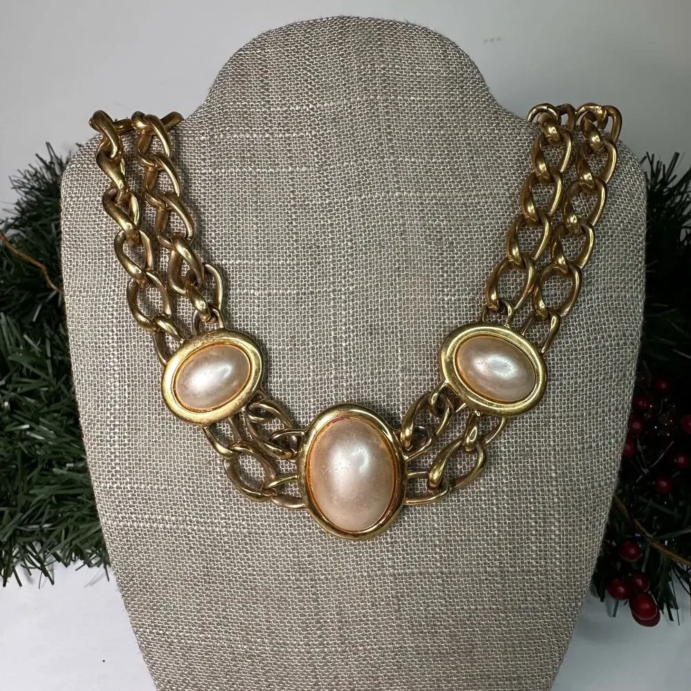Vintage Napier Double Chain Cream Faux Pearl Choker Necklace 16.5